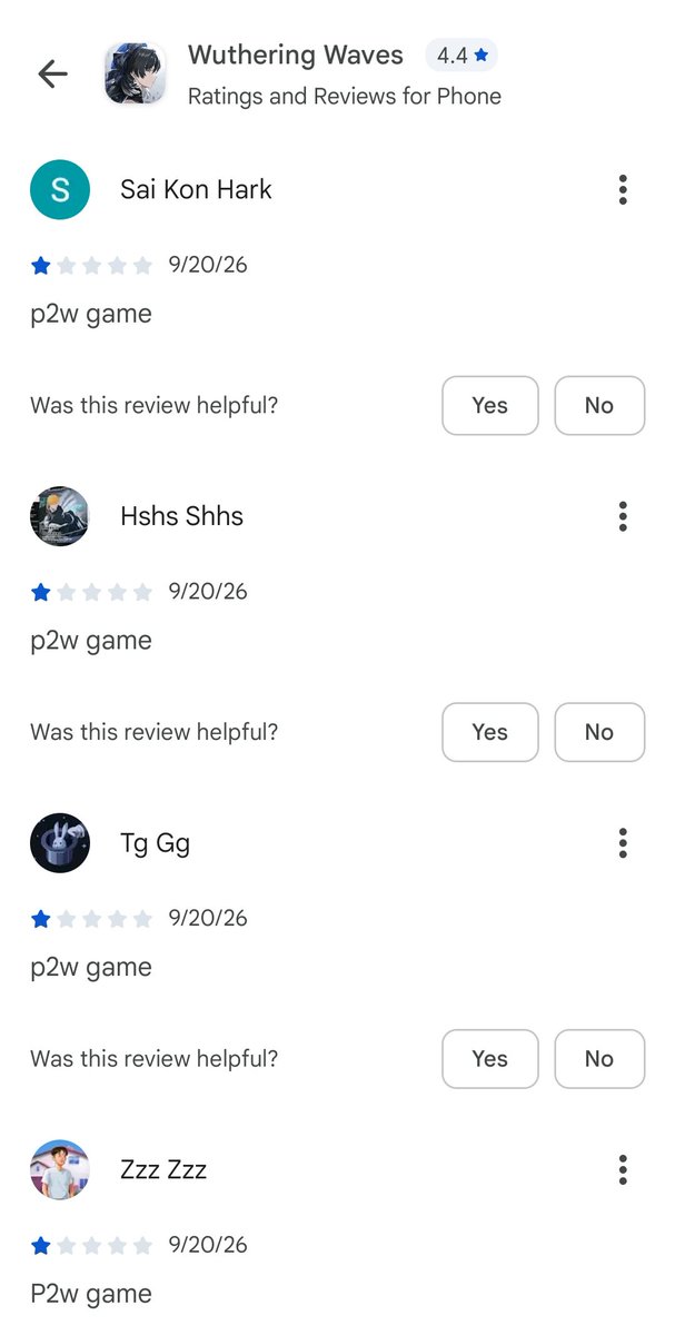 wuwaguy's tweet photo. 🚨 It seems like there was an attempt to
"review-bomb" Wuthering Waves, using 
some BOT Accounts on the Play Store :]

#WutheringWaves #WuWa #鳴潮 #WuWaCollection #WuWaAnniversary https://t.co/aF0VNcODN2