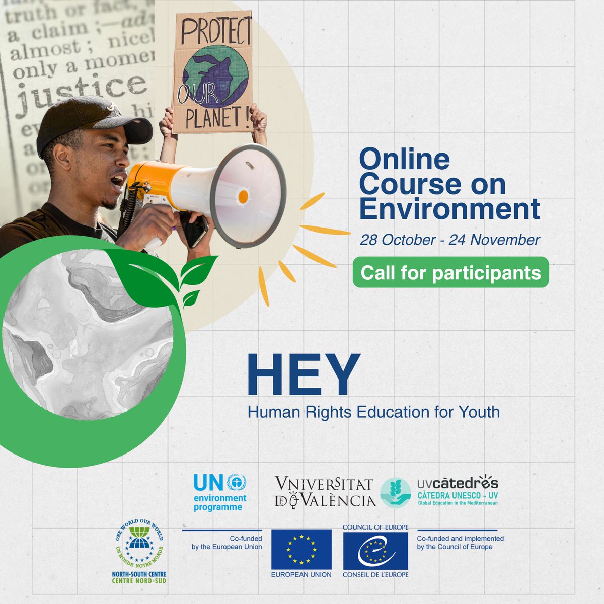 NSCentre's tweet photo. 🌍 Join the HEY Tutored Online Course on the Environment.

👥 Open to young people up to 30 from @CoE member States, Africa and the Middle East.
📅 28 Oct–24 Nov 2026
📌 Apply by 18 Oct at 23:59 Lisbon time

🔗 https://t.co/5MTh0xaEui

#iLEGEND https://t.co/QKoUVw44zm