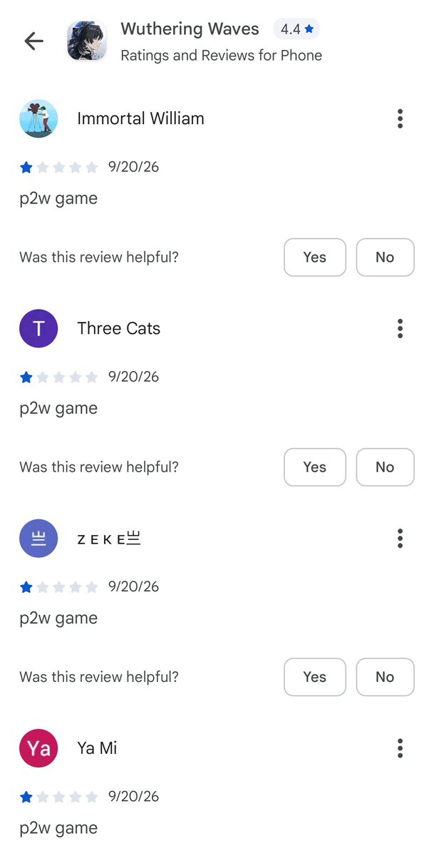 wuwaguy's tweet photo. 🚨 It seems like there was an attempt to
"review-bomb" Wuthering Waves, using 
some BOT Accounts on the Play Store :]

#WutheringWaves #WuWa #鳴潮 #WuWaCollection #WuWaAnniversary https://t.co/aF0VNcODN2