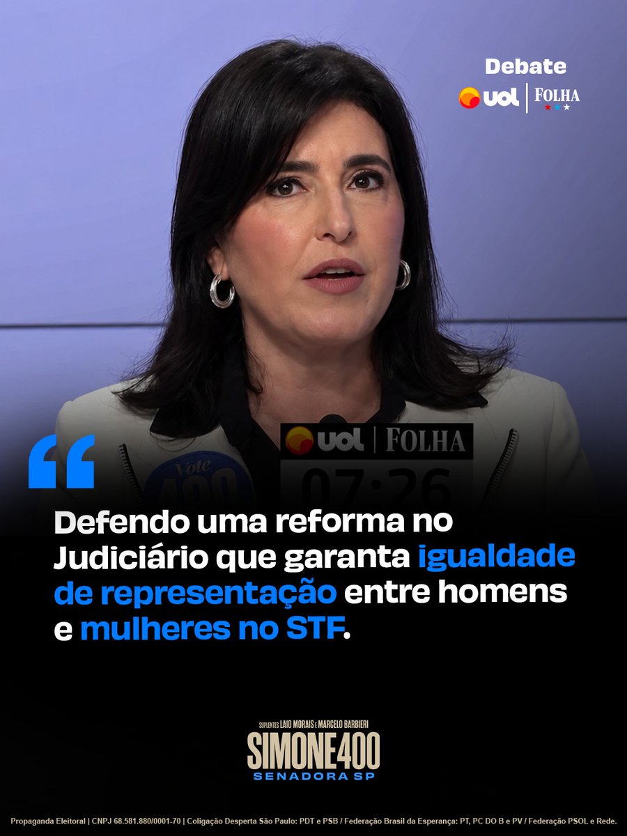 simonetebetbr's tweet photo. O Brasil precisa de um Judiciário mais moderno, transparente e representativo.

Defendo uma reforma que fortaleça nossas instituições e também garanta igualdade e mais espaço para as mulheres nas decisões mais importantes do país.

📲 Compartilhe!

Simone Senadora 4️⃣0️⃣0️⃣✅

Coligação Desperta São Paulo — PDT e PSB / Federação Brasil da Esperança — PT, PCdoB e PV / Federação PSOL e Rede. CNPJ 68.581.880/0001-70

#SimoneSenadora #Simone400
