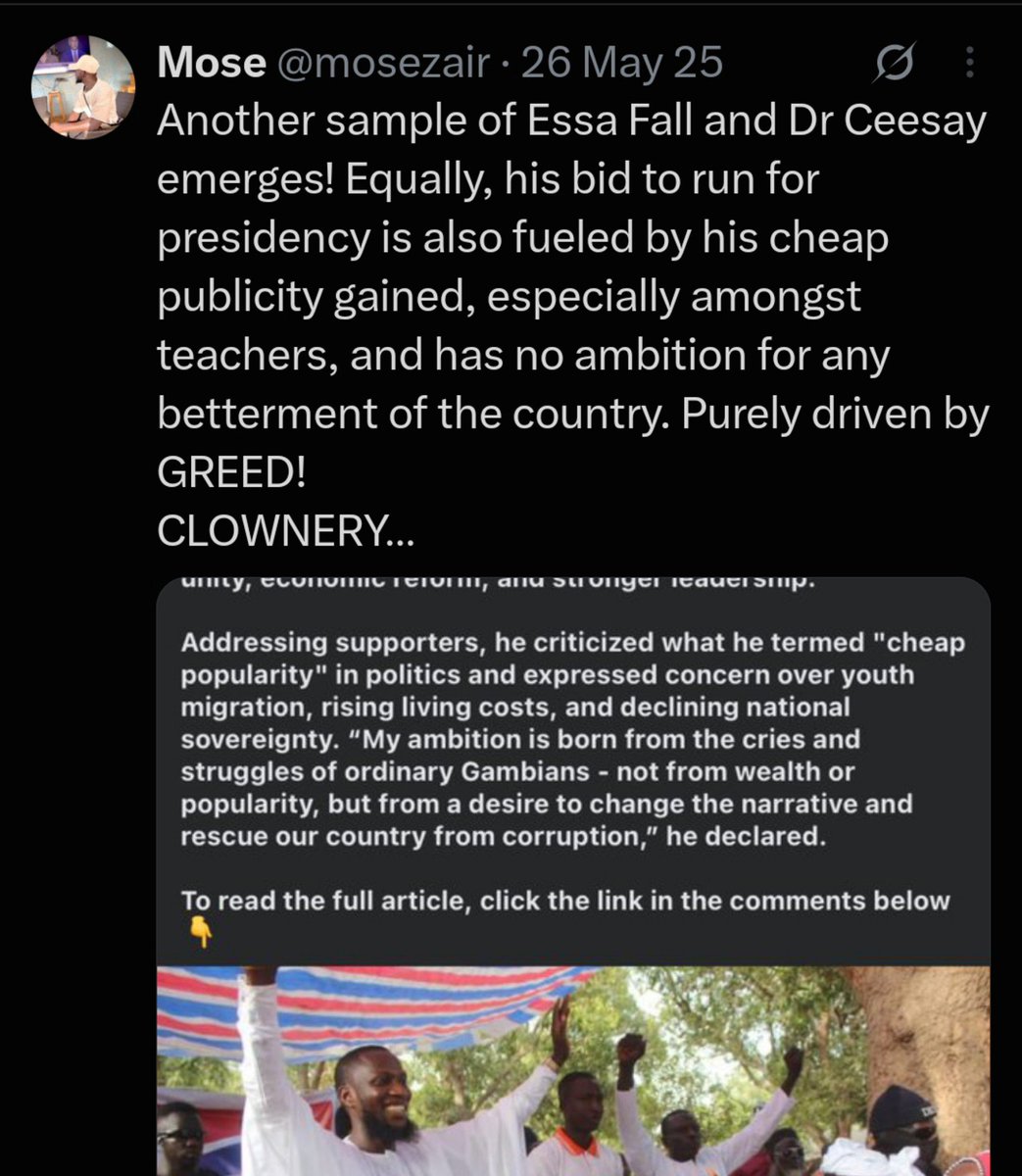 mosezair's tweet photo. Essa Faal, Dr. Ceesay and Bakary Badjie have one common thing that brought them into presidencial race; which is the "cheap popularity" they had. I always have my reasons for NOT supporting these niggas, they have no ambition for the betterment of this country, dey just wanna en https://t.co/zSNGt3tNN6