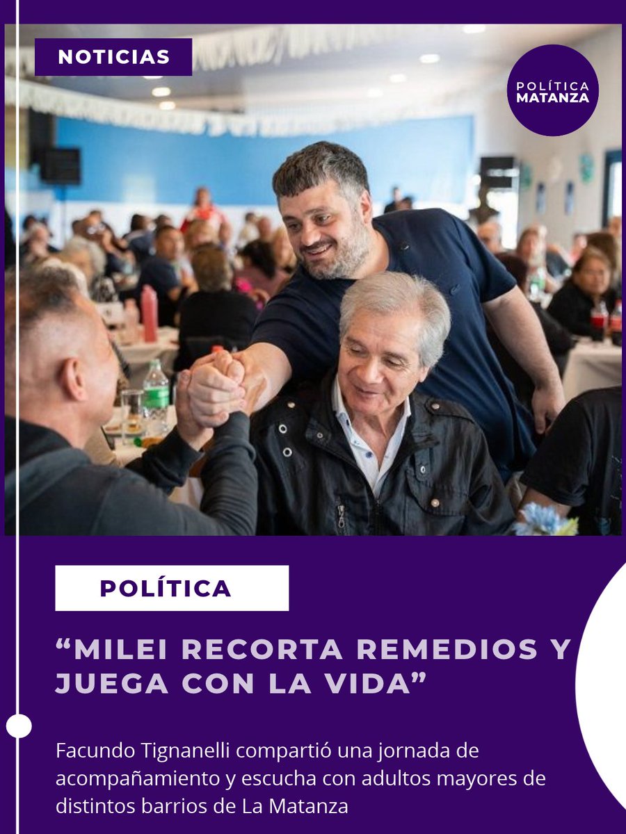 Politicamatanza's tweet photo. En el marco del Día del Jubilado y la Jubilada, Facundo Tignanelli participó de un encuentro con adultos mayores de La Matanza. Durante la jornada, cuestionó el impacto de las medidas del Gobierno, con eje en la cobertura de medicamentos y el poder adquisitivo de los jubilados. https://t.co/6jj6L4euiP