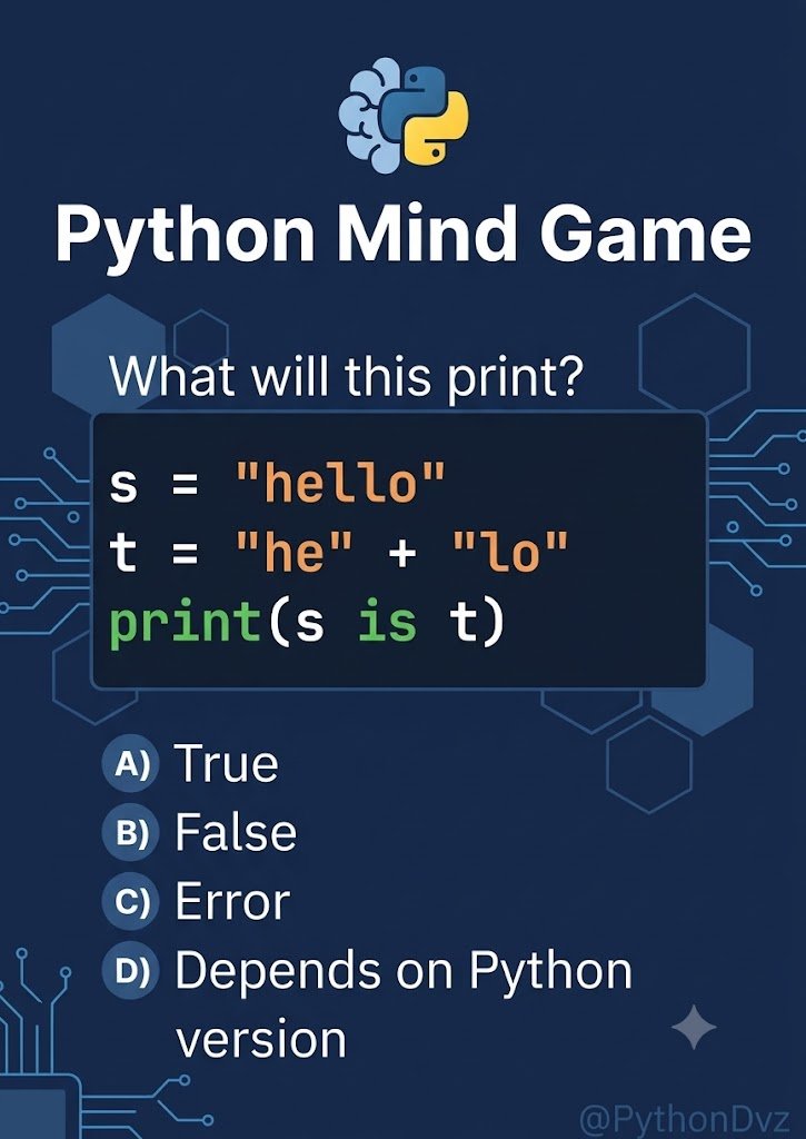 PythonDvz's tweet photo. 99% Python learners will fail... β
What is the output of the following Python code, and why?
π€π Comment your answer ππβ‘
#python #programming #pythonquiz #100DaysOfCode https://t.co/vneOPq3iCL