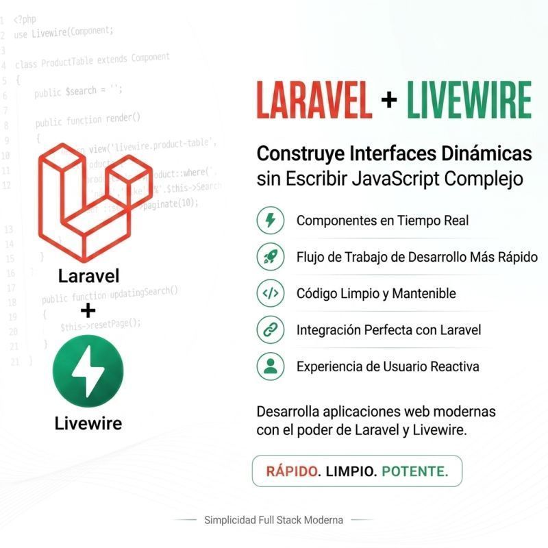 Khainata's tweet photo. Quieres construir interfaces dinámicas y modernas sin complicarte con JavaScript complejo? 

La combinación **Laravel + Livewire** es la solución perfecta para desarrollar aplicaciones web full-stack con simplicidad y potencia. https://t.co/8FMLMDv5Ou