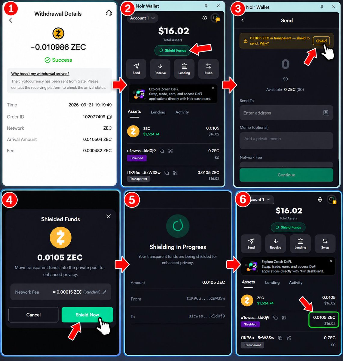 Still_Early_'s tweet photo. 🦓 How to Deposit $ZEC into Noir Wallet for an NFT Mint

Open Noir Wallet and copy your t1 address.

You’ll see two addresses: u1 and t1. Use the t1 address for the deposit.

Go to an exchange where $ZEC is listed. I’m using https://t.co/pkOiMeQ0Vc.

Enter your t1 address, select the Zcash network, and confirm the withdrawal.

I’m using https://t.co/pkOiMeQ0Vc for the withdrawal.
(Min. withdrawal: ~$15 | Fee: ~$0.80, based on my withdrawal)

⏳ The withdrawal can take around 20–50 minutes, so deposit your funds at least 1 hour before the NFT mint.

Once the ZEC arrives, open Shield Funds, review the amount and network fee, then approve the transaction and wait for confirmation.

✅ Done ~ your ZEC is now shielded and ready for the NFT mint.