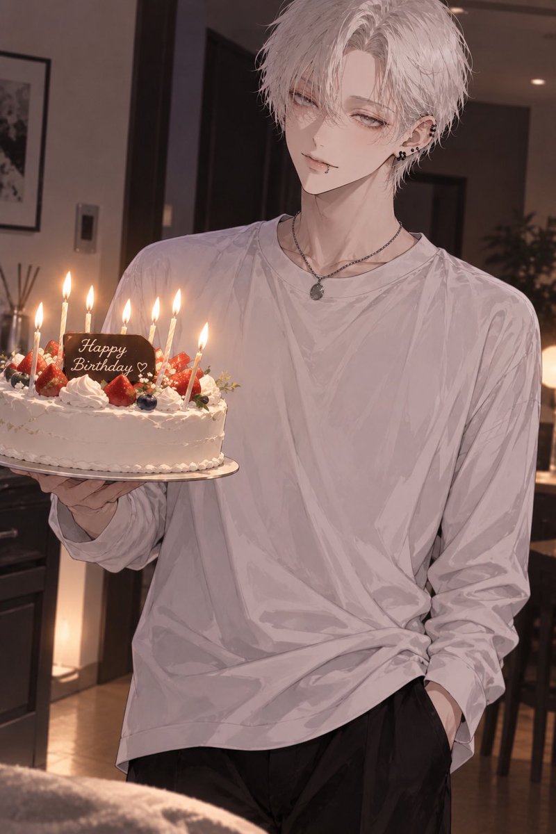 putcl1's tweet photo. 全然誕生日じゃないけど律に祝って欲しいのでケーキ持ってきてもらった
今日誕生日の人おめでとうございます🎂

 #四飼AIイラスト https://t.co/z67TyLZJzy