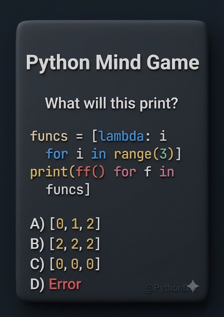 PythonDvz's tweet photo. 99% Python learners will fail... β
What is the output of the following Python code, and why?
π€π Comment your answer ππβ‘
#python #programming #pythonquiz #100DaysOfCode https://t.co/K9rkYYgSXo