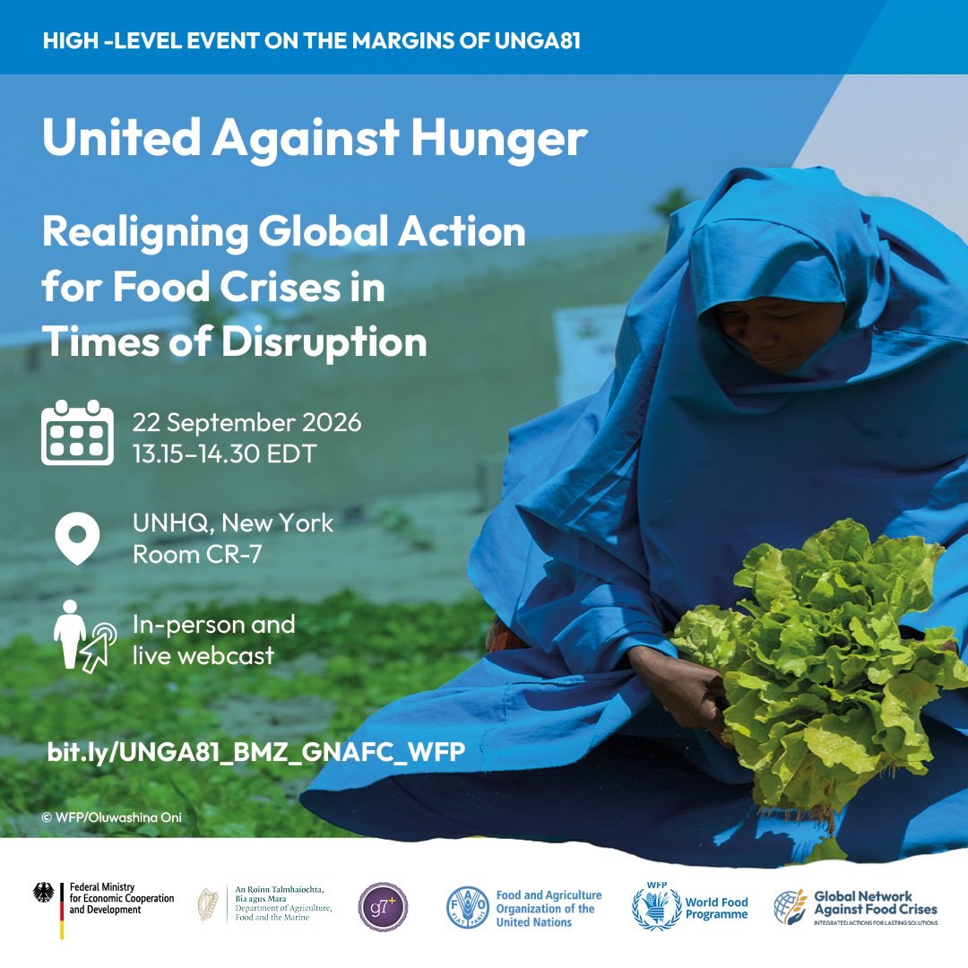 fightfoodcrises's tweet photo. Our high-level side event at #UNGA81 hosted by @BMZ_Bund, consponsored by @dfatirl, @EU_Commission, @FCDOGovUK  @g7plus, @FAO and @WFP will take place on Tuesday, 22 Sept 13:15-14:30.

Join the event live on @UNWebTV

https://t.co/tH8oGMlTQ8 https://t.co/SzhBzjG5Nx