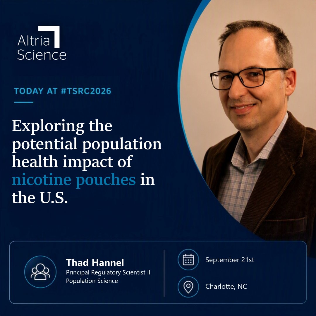 AltriaScience's tweet photo. Today at #TSRC2026, Thad Hannel will present research using an agent-based model to explore the potential population health impact of nicotine pouches. 

Under the modeled assumptions, nicotine pouch availability was associated with approximately 738,000 fewer tobacco-attributable deaths, 14.7 million life-years gained and an additional 1.18 percentage-point reduction in adult smoking prevalence through 2100. The projected outcomes were driven largely by adults who smoke switching completely to nicotine pouches.

The researchers tested multiple assumptions related to product risk, adult switching and potential youth initiation. While the model continued to project a net population benefit across those analyses, one principle remains clear: youth should not use any tobacco or nicotine product.

Models do not predict the future. They help researchers test uncertainty and evaluate the potential risks and benefits of smoke-free products.

Join the poster session:
Population Health Impact of Marketing Nicotine Pouches in the US
Monday, Sept. 21 | 1 p.m.