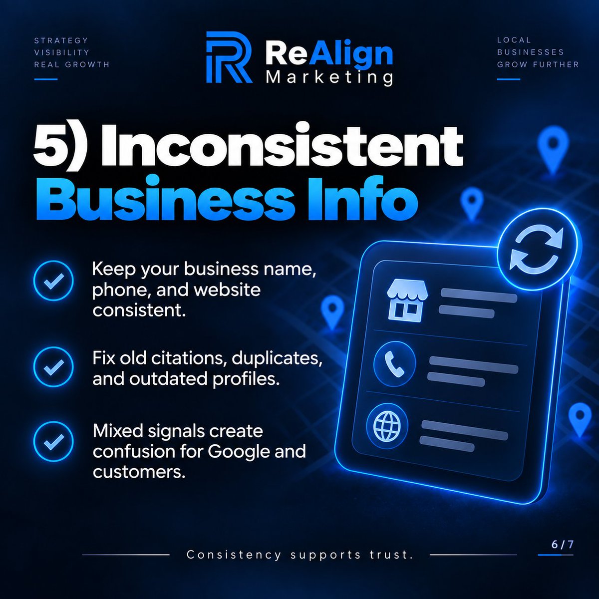 ReAlignSEO's tweet photo. 5/5 — Inconsistent business info

Old phone numbers, wrong addresses, outdated listings, and duplicate profiles create unnecessary confusion.

Keep your business name, phone, website, and location data consistent everywhere. https://t.co/sANqjH3923