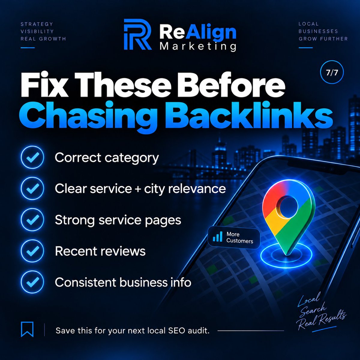 ReAlignSEO's tweet photo. Before chasing backlinks, fix the fundamentals:

• correct category
• clear service + city relevance
• strong service pages
• recent reviews
• consistent business info

Local SEO gets a lot easier when the basics are clean. https://t.co/ZttzysSqWC