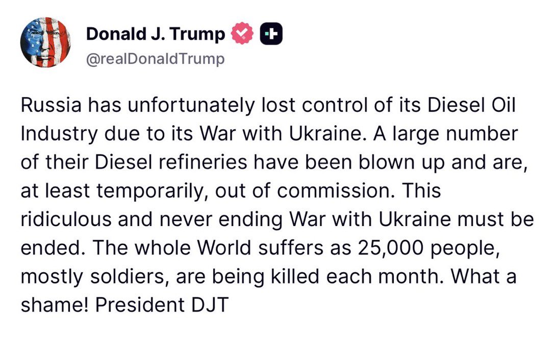 saintjavelin's tweet photo. He’s right about one thing, though: this war does need to end. Ukraine is currently ending it — one refinery at a time. Russia could end it tomorrow by going home. The refineries would stop burning and the “25,000” would stop dying. That’s the whole deal. https://t.co/Xqd9O11GNY
