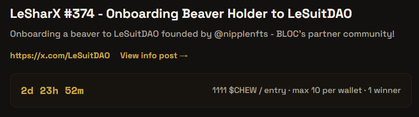 999BVERS's tweet photo. We did this last time but holders missed it and we learned from that.

Now, after adding a subscription feature for raffle. Here we go again to host and onboard a BLOC holder to @LeSuitDAO founded by @nipplenfts.

We secured 4 @LeSharXverse NFT including this one from legend himself as we wanna see beavers supporting what he aims to achieve and build.

Don't miss this out and the upcoming 3 more. Be sure to subscribe to raffle updates inside our staking site.

Goodluck! We chew and we win!