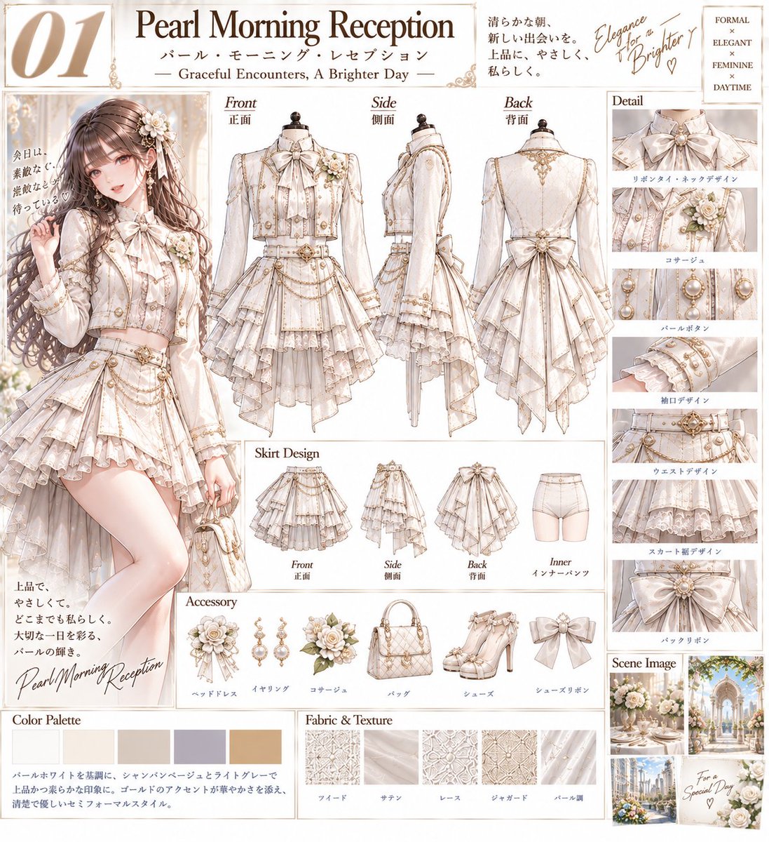tarotaro_mgm's tweet photo. 👗AI衣装デザイン図鑑👗
megumix WHITE COLLECTION
― 10 Expressions of White, 10 New Stories ―

パール・モーニング・レセプション
PEARL MORNING RECEPTION
Graceful Encounters, A Brighter Day
優雅な出会いから、輝く一日へ
001/010

テーマ
清らかな朝のレセプションを、パールホワイトと
シャンパンゴールドで表現。端正なジャケットと
華やかな多層フリル、パールの輝きを組み合わせ、
上品さと優しさを兼ね備えた昼のセミフォーマルスタイル。

特徴
🤍 パールホワイトのクロップドジャケット
🎀 大粒パール付きネックリボン
✨ ゴールドパイピング＆パールボタン
👗 超短丈の多層レースフリルスカート
💐 背面の大リボン＆ロングテール

※プロンプトは下にあります
❤️ いいね・RP・保存で
応援していただけると励みに
なります！※他の衣装シリーズも
プロフィールからご覧いただけます

#WhiteCollection 
#MegumixCollection #AICostumeCreator

Dress the adult woman in the reference image in this exact pearl-white daytime reception outfit, preserving her face, hairstyle and identity. Wear a fitted pearl-white cropped jacket with a high collar, structured shoulders, long sleeves, gold piping, pearl buttons and delicate quilted embroidery. Add a large ivory satin neck bow with a pearl jewel and a small white floral corsage. The jacket ends just above the waist. Pair it with a very short upper-thigh high-waisted layered skirt: structured ivory overskirt panels over multiple white lace and ruffled tiers, with gold edging, pearl chains and a slim jeweled belt. The back remains fully covered and tailored, decorated with subtle gold embroidery. A large pearl-white bow sits at the center back waist, flowing into elegant pointed asymmetric tails reaching around the knees. Add pearl earrings and ivory heels with gold accents.