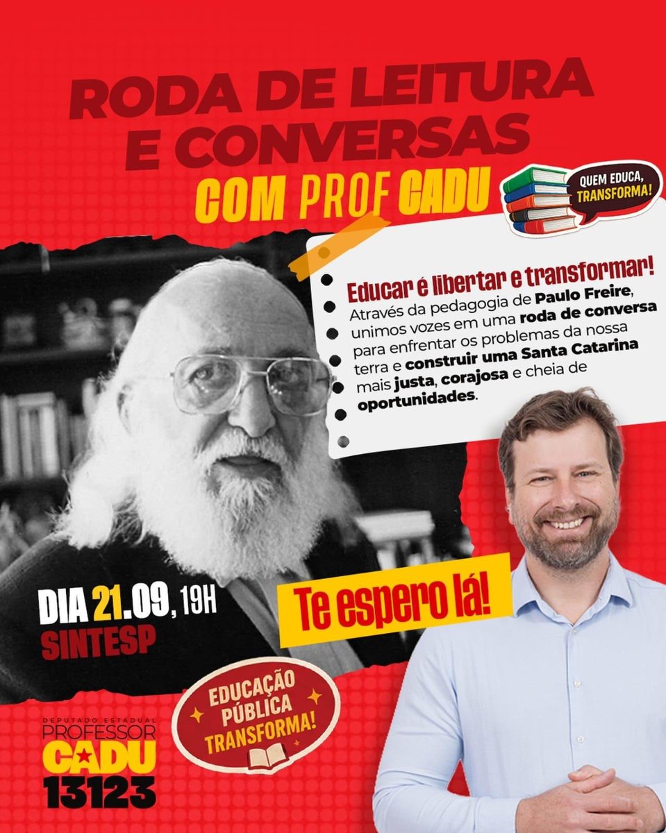 dcvitti's tweet photo. CONVITE ESPECIAL DO PROFESSOR CADU
Passando para convidar a militância, em alusão ao Dia Nacional da Alfabetização, vamos celebrar o legado de Paulo Freire em uma Roda de Leitura e Conversa!
Será nesta segunda-feira, #21deSetembro, às 19h, no SINTESPE (Centro de Florianópolis) https://t.co/VC8x6gETJa