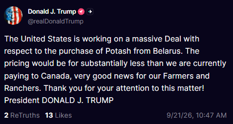 KobeissiLetter's tweet photo. BREAKING: President Trump says the US is working on a "massive deal" to purchase potash from Belarus for "substantially less" than the US is currently paying Canada. https://t.co/RONHcGJbs1