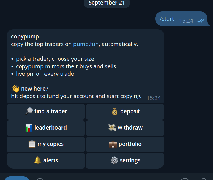 copypumpfun's tweet photo. and....we're live!! 

starting from this moment, you can now copy trade pumpfun traders right from your telegram app!

get started with these easy steps:
> search 'copypumpfun_bot' on your telegram app.
> send '/start'
> follow the easy steps showed to find a trader &amp; copy! https://t.co/vccEHuZTMT