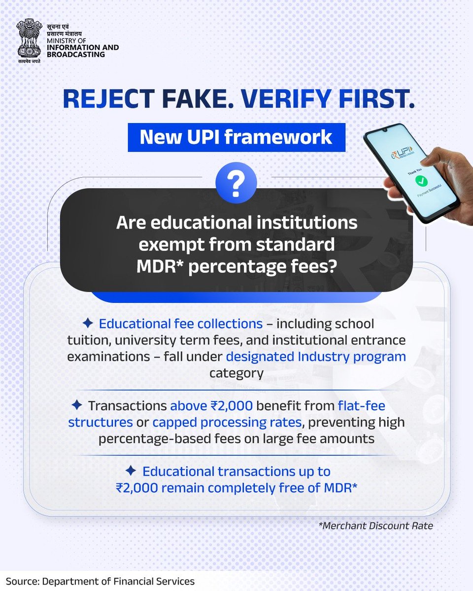 PIBImphal's tweet photo. UPI makes education fee payments more affordable. 🎓
Payments up to ₹2,000 remain at 0% MDR, while eligible transactions above ₹2,000 get concessional, capped processing rates—reducing administrative costs.
#UPIUpdates https://t.co/MDWt2cSN88