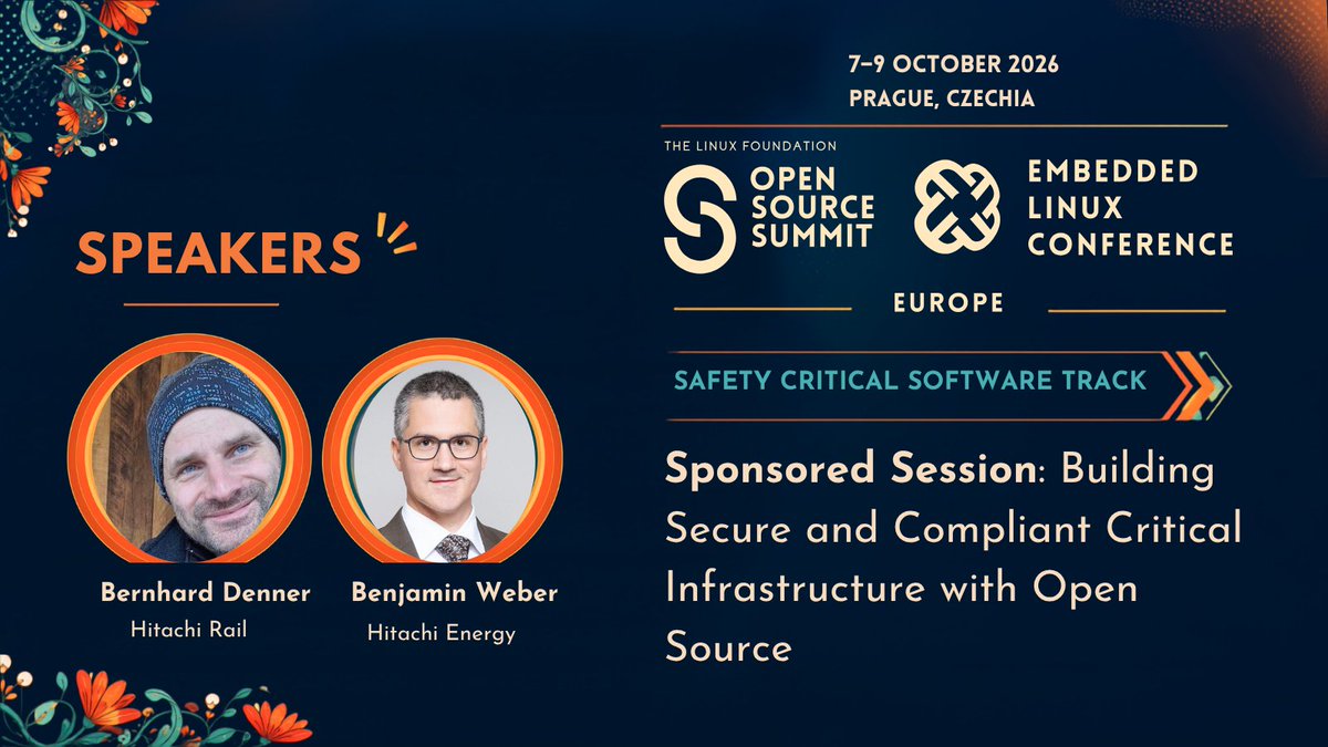 ProjectElisa's tweet photo. How can open source support secure and compliant critical infrastructure?
At #OSSummit Europe, Hitachi Energy and Hitachi Rail will share real-world modernization journeys using Embedded Linux, Yocto and Keycloak. Join the session on October 8. https://t.co/rPeCRs2vBr https://t.co/TTzaRJYZVI