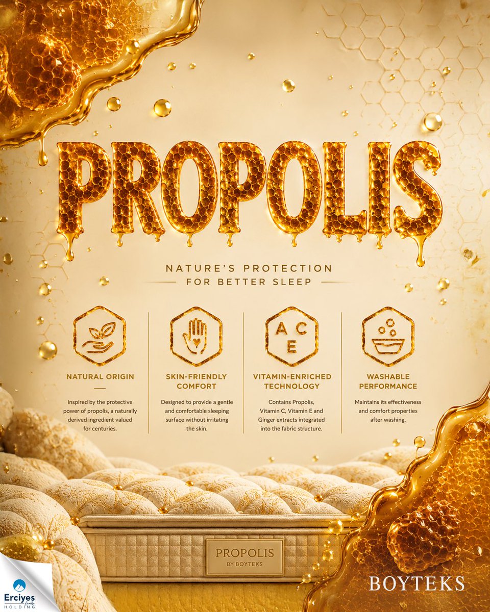 BoyteksTekstil's tweet photo. Bee Well. Sleep Well.
The hive has trusted propolis for centuries. Now, it’s your turn.
Enriched with propolis, vitamins C & E and ginger, Propolis Mattress Ticking brings nature-inspired care to where every Good Morning begins. 🍯
#Boyteks #GoodMorning #Propolis #Sleep #MattressTicking