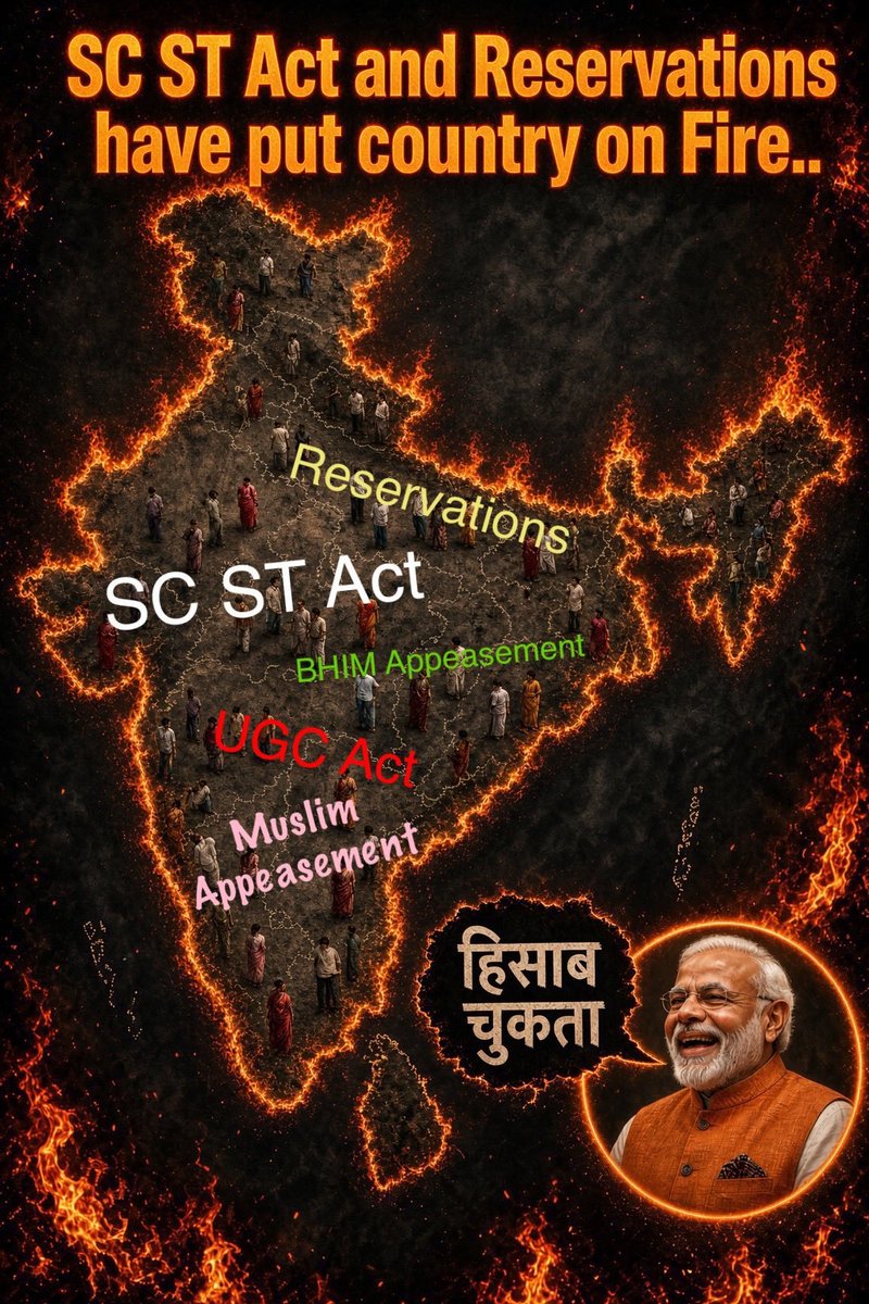 IAReservation's tweet photo. सवर्ण समाज की सबसे बड़ी दुश्मन मोदी सरकार ने निर्लज्जता की सभी सीमाएं पार कर ली हैं।

आइये आज आपको उस UGC नोटिफिकेशन के बारे में बताते हैं जिसे सब लोग बहुत हल्के में ले रहे हैं लेकिन जो वास्तव में SC ST Act का भी बाप है।

SC ST Act यानि Modi Act में सवर्णों पर फ़र्ज़ी केस सिर्फ SC ST के गुंडे ही कर सकते हैं।

UGC Notification के तहत सवर्णों पर फ़र्ज़ी केस SC ST OBC और मुसलमान सभी गुंडे कर सकते हैं।

सवर्ण इन सब बदमाशों पर फ़र्ज़ी तो क्या असली केस भी दर्ज नही कर सकते हैं।

मोदी और मोदी सरकार इस देश के सवर्ण समाज की सबसे बड़ी अपराधी है।

अगर कोई भी सवर्ण इस निहायत घटिया पार्टी BJP या उसके किसी नेता को सपोर्ट कर रहा है, तो ऐसा सवर्ण निश्चित रूप से हलाला की पैदायश है,सवर्ण की औलाद नही।

अब यह सरकार आरक्षण / Modi Act / UGC Notification को हटाए या न हटाए, इसकी सवर्णों के प्रति घृणा जग जाहिर हो चुकी है।

अभी भी समय है जब सभी सवर्ण लोग पार्टियों की गुलामी करना छोड़ कर अपने वर्चस्व की अंतिम लड़ाई लड़ने के लिए कृत संकल्प हो जाएं।