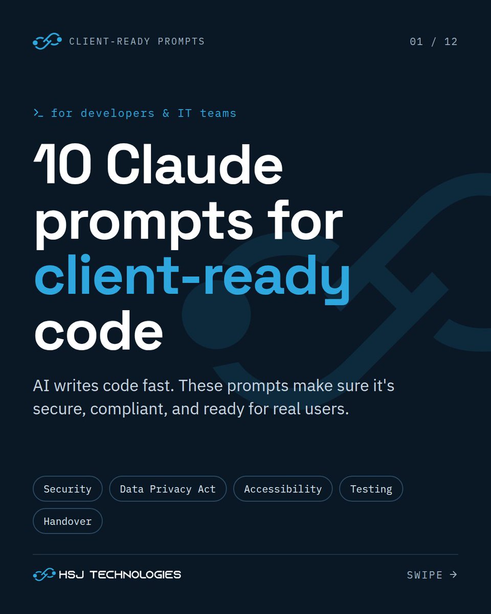 hsjtechnologies's tweet photo. AI writes code fast. These 10 Claude prompts help make it client-ready: security checks, Data Privacy Act review, accessibility, tests, and handover docs. 🧵👇

#Claude #AIcoding #TechPH https://t.co/FTCKE0b91g