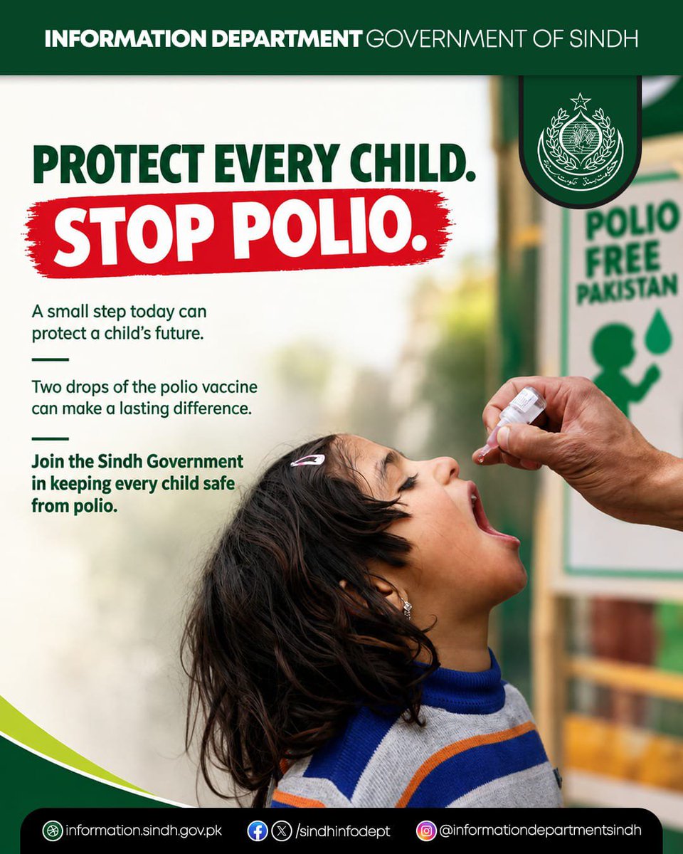 AAlikaleri's tweet photo. From 21–27 September, Sindh’s seven-day polio vaccination campaign will reach around 10 million children under five. Parents can help protect their children from polio by ensuring they receive the vaccination drops. 💧💙
#TwoDropsForLife #PolioFreeSindh https://t.co/WTLx8QHAxK