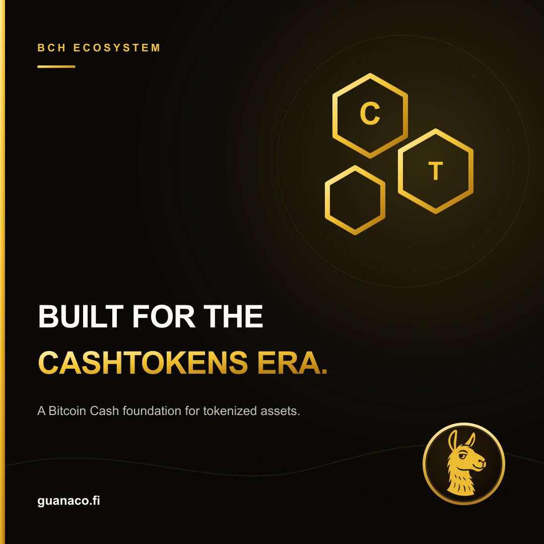 GuanacoFi's tweet photo. Bitcoin Cash has entered the CashTokens era.

Guanaco is built for tokens native to BCH, bringing swaps, liquidity pools and aggregated routing together in one interface.

Explore CashTokens on Guanaco:

https://t.co/2yLRdEo0Pw https://t.co/ui3cD8Hrfa