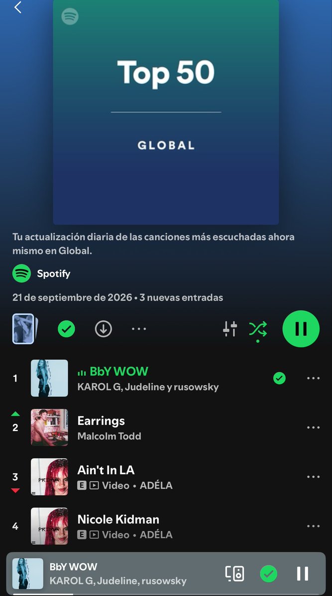 WuillansG1's tweet photo. El Concepto de ver a una latina permaneciendo por 25 Días consecutivos con la canción número uno Del Mundo “en Spotify Global y con una canción completamente en español,solo la reina Karol G puede derrotar a los gringos he ingleses 🫡 . https://t.co/DaWBDGmvYp