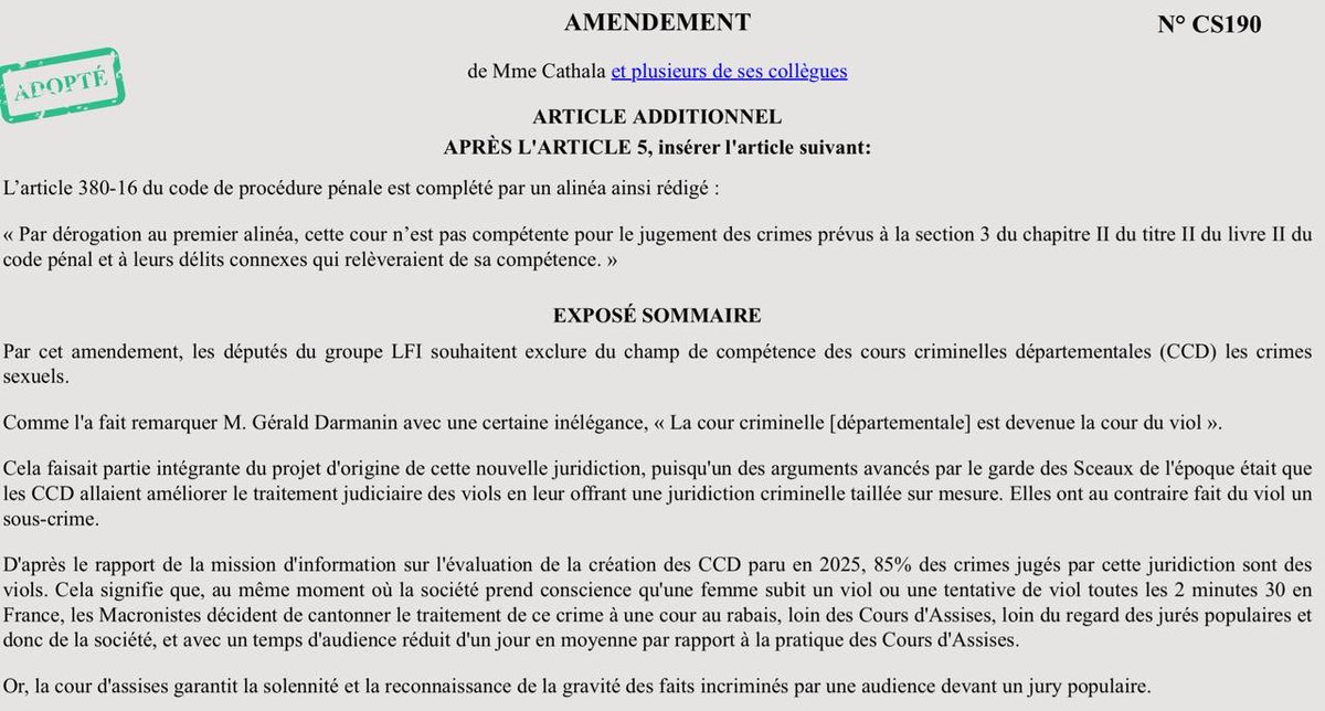 S_Legrain's tweet photo. Amendement adopté 💪 Les crimes sexuels sont exclus du champ de compétence des cours criminelles départementales (CCD), conformément aux revendications des associations. https://t.co/97e8ZzHSUG