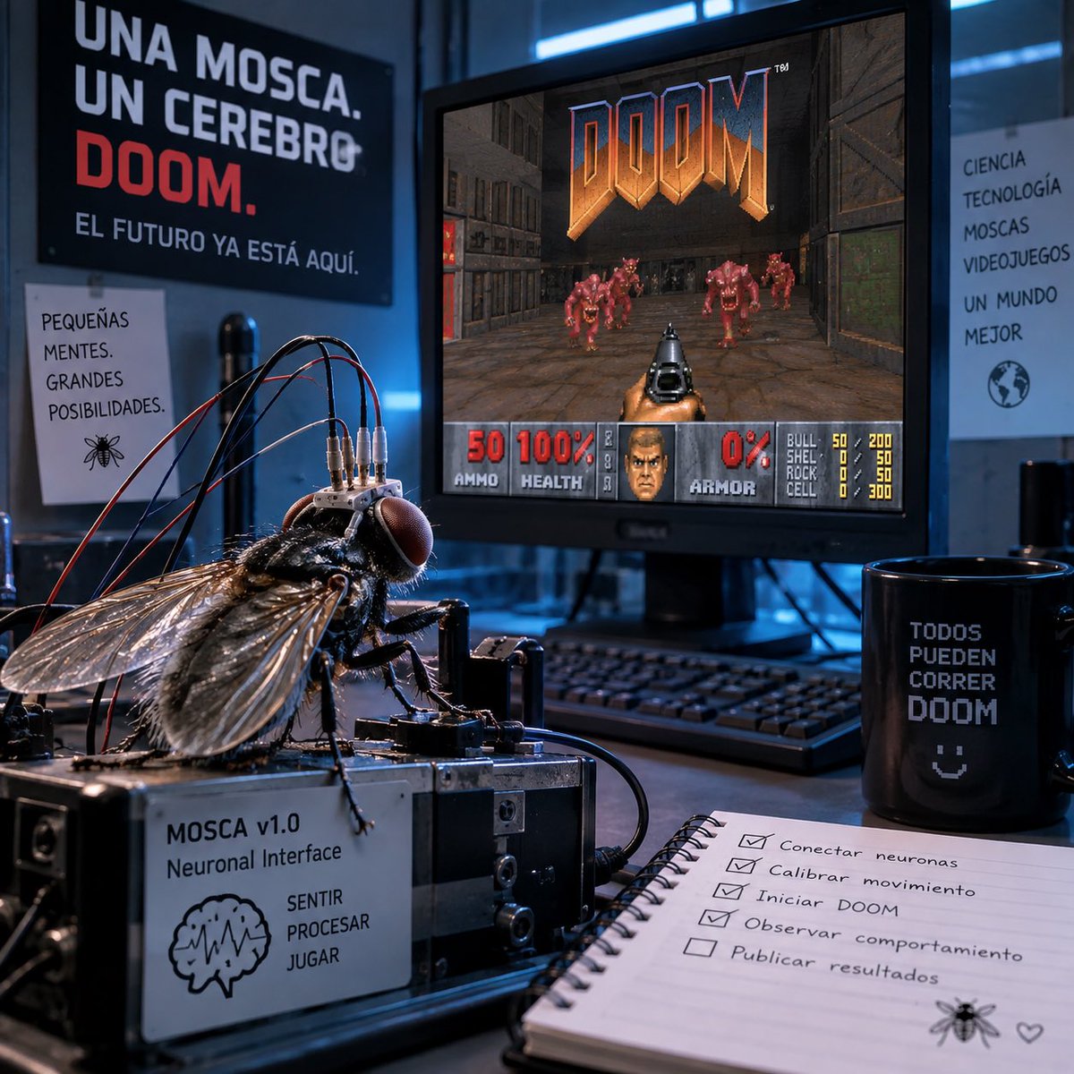 OhMiGatol's tweet photo. Han conectado el cerebro de una MOSCA a un ordenador y la han puesto a jugar a DOOM.
Sí, has leído bien.
Una mosca. Con su cerebro. Jugando a DOOM.
Hemos llegado al punto en el que la pregunta ya no es «¿puede correr DOOM?», sino «¿tiene neuronas?» 🪰💀 https://t.co/1iBwjL5KzF