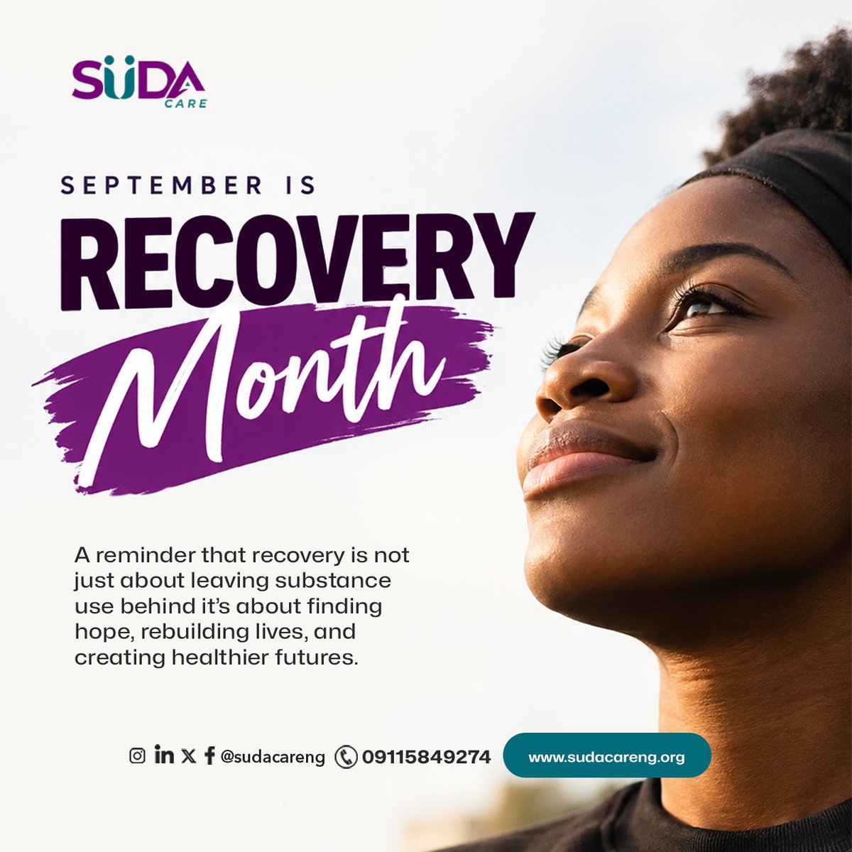 sudacareng's tweet photo. September is Recovery Month. 💜

As the month comes to an end, we want to remind you that recovery is not just about leaving substance use behind. It’s about finding hope, rebuilding lives, and creating healthier futures.

You are not alone. We are here to help.

#SUDAcare https://t.co/hM8Ptm9mza