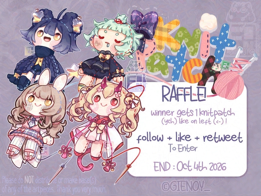 gienoy_'s tweet photo. 🪡🧶LAST KnitPatch GIVEAWAY !🧶🪡
Giving away 1 like these below!💖

✨To Enter:
☀️Follow
☀️Like + Retweet (🚫No quote-rts)
☀️Reply with your ref (Opt)

End :: Oct 4th!
💦will cancel if less than 50 entries
#artraffle #ych #knitpatch https://t.co/W9tBNhRtBM