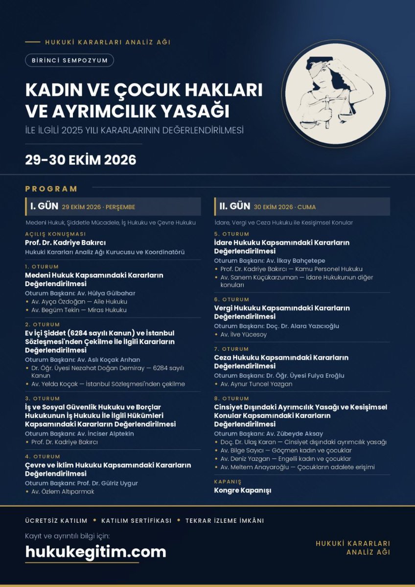 esikplatformu__'s tweet photo. 🟣 Kadın ve çocuk hakları ve ayrımcılık yasağı kararları mercek altında

Prof. Dr. Kadriye Bakırcı’nın kurduğu Hukuki Kararları Analiz Ağı (@Karar_Analiz ) kadın ve çocuk hakları, ayrımcılık yasağı ve eşitlik alanındaki hukuki kararları her yıl eleştirel ve karşılaştırmalı biçimde inceleyecek.  

⚖️ 29-30 Ekim 2026’da çevrim içi olarak gerçekleştirilecek olan Sempozyumda, iş ve sosyal güvenlik hukukundan 6284 sayılı Kanun’a, İstanbul Sözleşmesi’nden çekilmeden çevre ve iklim hukukuna, idare ve vergi hukukundan ceza hukukuna kadar farklı alanlardan kararlar ele alınacak.

✒️ Rahime Karvar @kadin_isci 
https://t.co/olJddLb0Xc