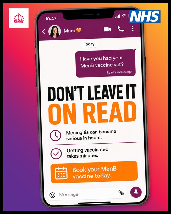 UKHSA_WestMids's tweet photo. #WestMidlands students - don't ghost your #MenBvaccine๐ป๐ฑ
TWO doses are needed for maximum protection against #MenB
Get more info including who is eligible:
https://t.co/JlstBtPh7j https://t.co/M5Jt0P5r1I