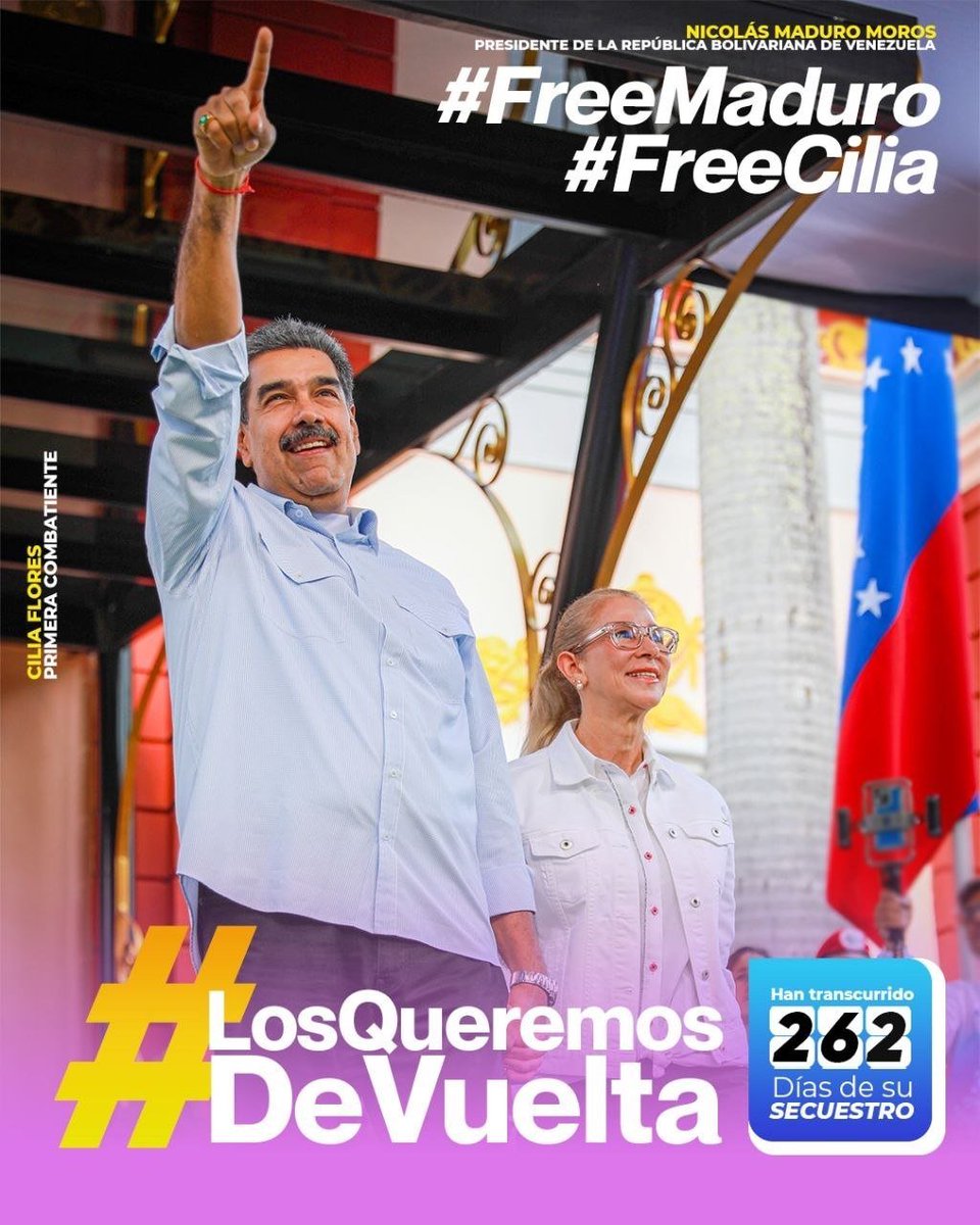 eduardopiate2's tweet photo. A 262 días de su secuestro por el gobierno de los Estados Unidos, exigimos la inmediata liberación del presidente Nicolás Maduro y la primera combatiente Cilia Flores #LosQueremosDeVuelta https://t.co/4jmPDsJ2XS