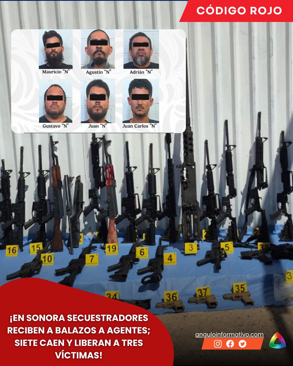 AnguloInfoNa's tweet photo. 🔴 ¡CAEN SIETE TRAS ENFRENTAMIENTO EN #SONORA; TENÍAN SECUESTRADOS Y ARMAS DE GUERRA!

#CódigoRojo | El operativo en #PuertoPeñasco permitió liberar a tres víctimas y asegurar más de 40 armas largas, ametralladoras, explosivos y casi 4 mil cartuchos. 🚨 https://t.co/pUuAhMxP9G