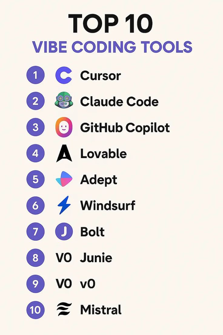 Aiwealthsystem's tweet photo. 🔥 Stop coding the old way.

These 10 tools are pure vibe coding energy right now:

1️⃣ Cursor  
2️⃣ Claude Code  
3️⃣ GitHub Copilot  
4️⃣ Lovable  
5️⃣ Adept  
6️⃣ Windsurf  
7️⃣ Bolt  
8️⃣ Junie  
9️⃣ v0  
🔟 Mistral  

Which one’s your daily driver? Drop it below 👇  

#VibeCoding https://t.co/rF54VZ0CMu