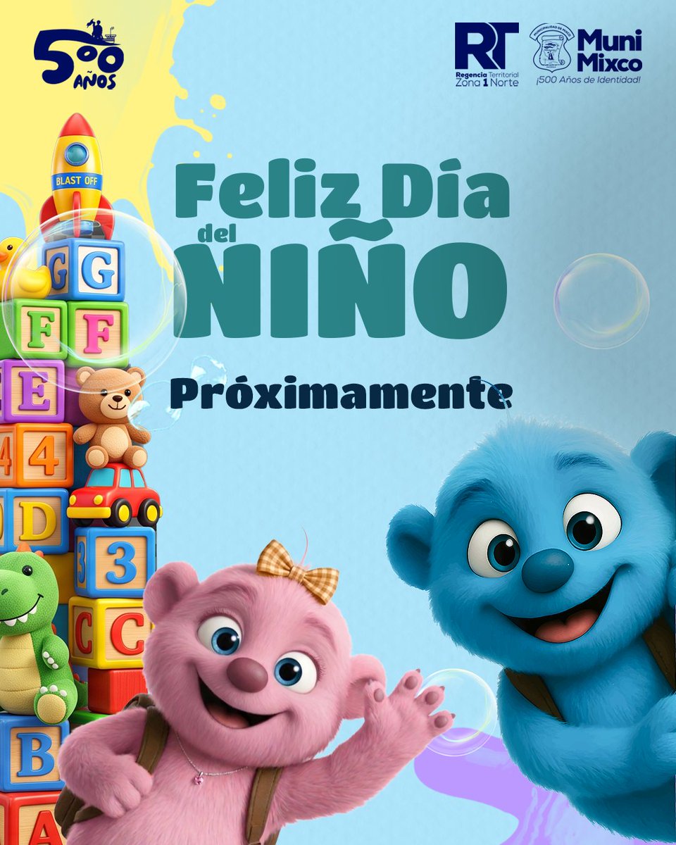 RegTerZ1NMixco's tweet photo. 🚀 ¡Prepárense para la celebración más divertida del año! 🎉 Se acerca el Día del Niño y queremos celebrarlo por todo lo alto. 😊 Estén muy atentos a nuestras redes sociales, ¡les traemos muchas sorpresas y alegría para los reyes y reinas del hogar! 🎁🧸

🥳 ¡Muy pronto! https://t.co/SADHd4zCa9