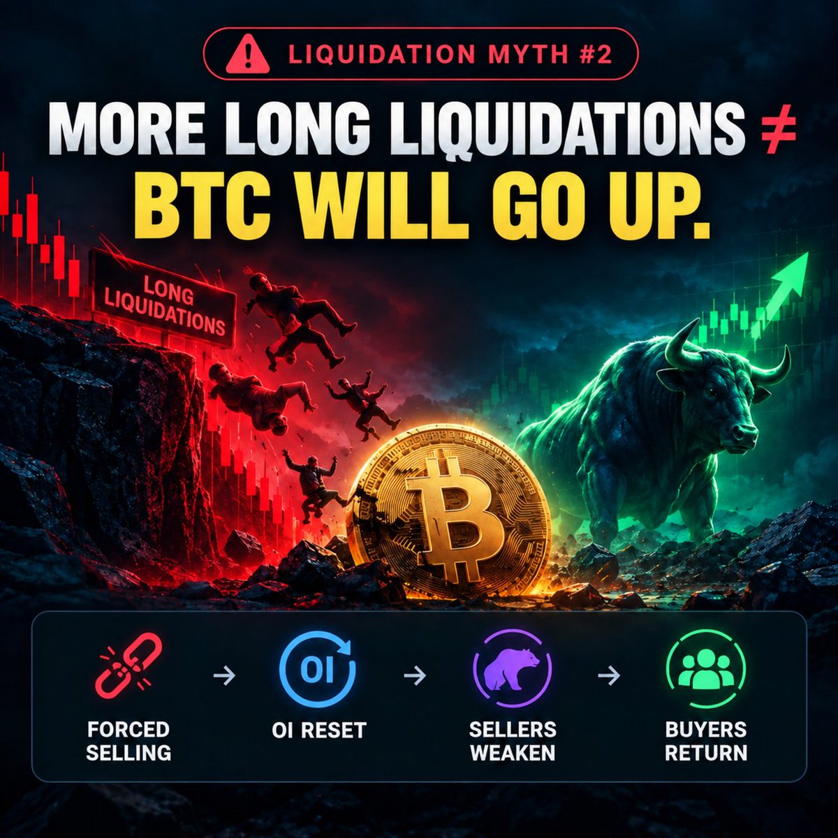 Sagarsharma656's tweet photo. 🚨 LIQUIDATION MYTH #2: 

MORE LONG LIQUIDATIONS = BTC WILL GO UP.

FALSE. It means leveraged buyers were forced out after price fell. 

This removes some forced selling, but BTC can still fall. 

A real bottom needs OI to reset, sellers to weaken, and buyers to return first https://t.co/gbr35fSqac
