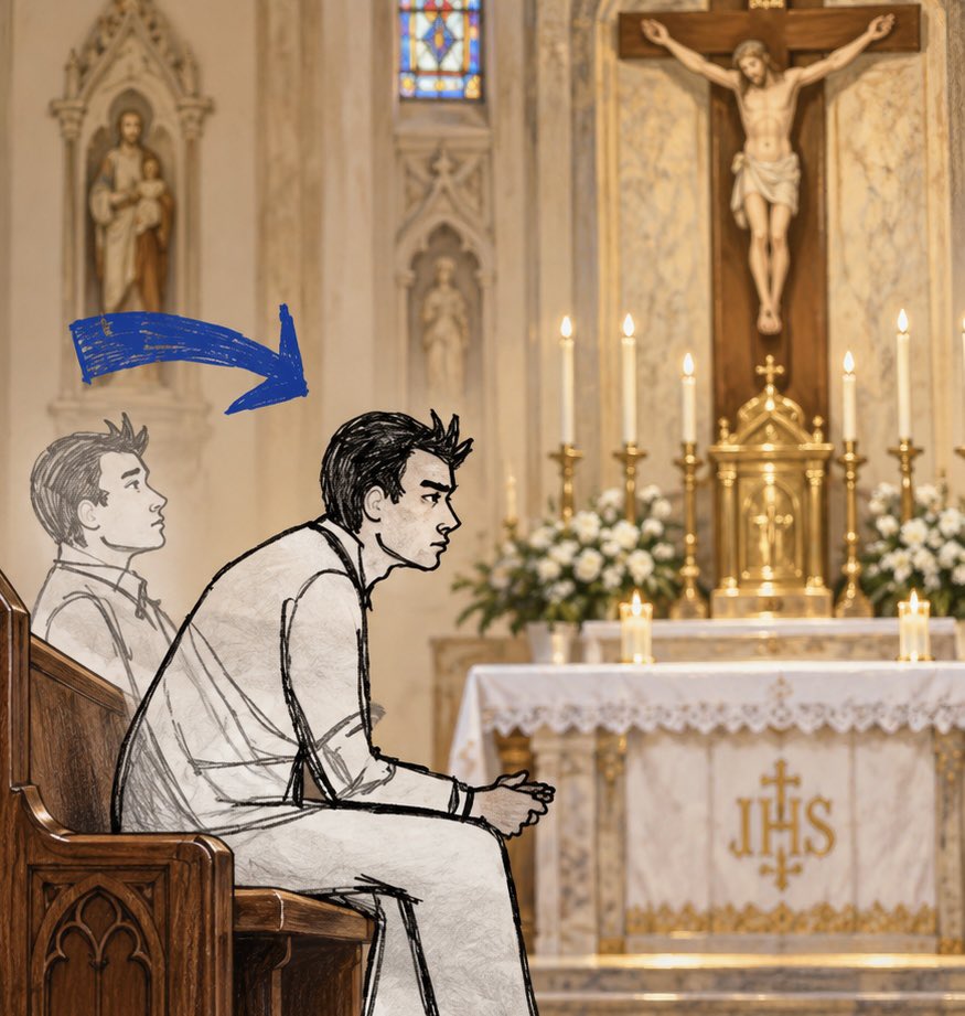 Nance726's tweet photo. How I sit in a pew when someone’s praying behind me https://t.co/3rmvwC27eI