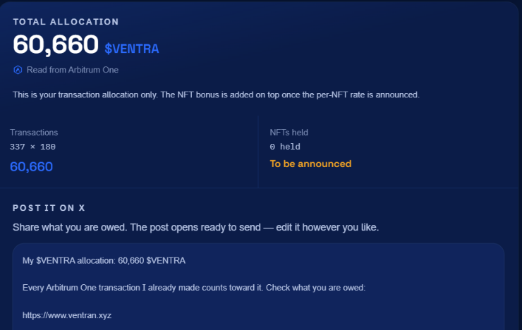rajsh7894's tweet photo. If you’re an active Arbitrum user, you might already have some $VENTRA allocated to your wallet by @ventranxyz 

I got 60,660 $VENTRA allocated.

Check yours here:

→ https://t.co/YE0Hvy8eGI

How to check:

• Enter your Arbitrum wallet
• Check your $VENTRA allocation
• Scroll down and complete the social tasks
• Submit/lock your wallet

could be something interesting !!

How Much You Got ?👇
