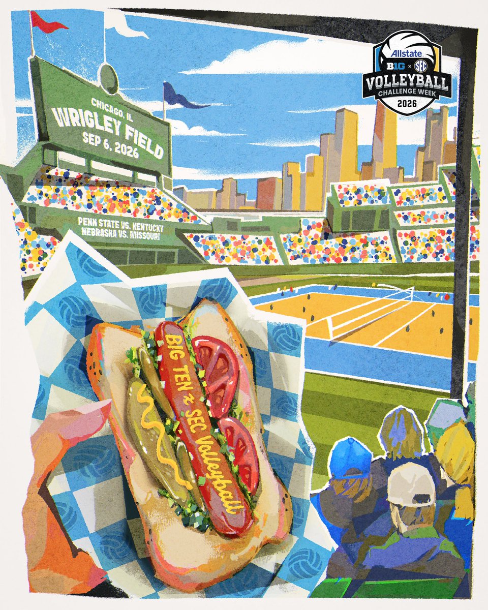 ChuanGraphics's tweet photo. Thrilled to collaborate with @freshtapemedia to illustrate the official poster for @bigten Volleyball at Wrigley Field! ⚾️🏐

Commemorating the first-ever college volleyball match in an MLB stadium with a fun editorial vibe—and a Chicago hot dog taking center stage. 🌭 https://t.co/iZ58AQOLM0