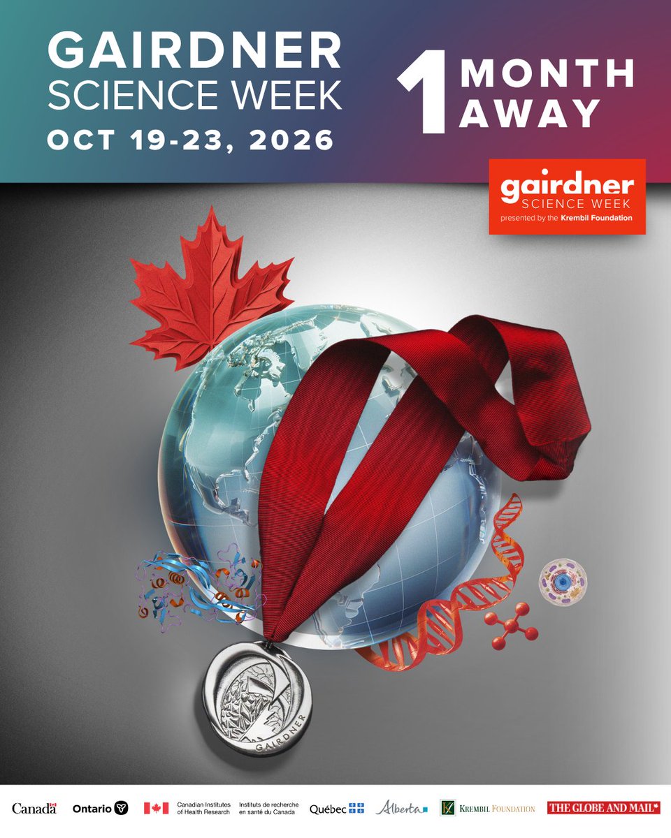 GairdnerAwards's tweet photo. One month to go!

From Oct 19-23, join us for Gairdner Science Week — a national celebration of discovery, innovation &amp; the incredible minds shaping the future of science and medicine.

📅 Explore the full lineup &amp; register for free: https://t.co/1OWp1EEnsg

#GairdnerScienceWeek https://t.co/KzqDlUwWmO