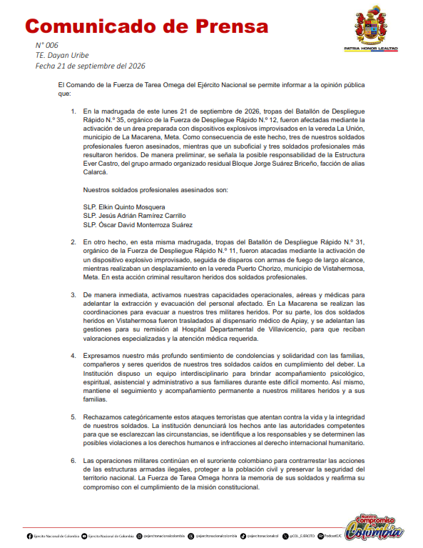 ftc_omega's tweet photo. #ComunicaciónOficial | Tres de nuestros soldados profesionales, pertenecientes a la Fuerza de Despliegue Rápido N.º 12, fueron asesinados en un ataque con explosivos en zona rural de La Macarena, Meta. En este hecho y en otro ataque contra tropas de la Fuerza de Despliegue Rápido N.º 11, ocurrido en Vista Hermosa, otros militares resultaron heridos.

Desde el Comando de la Fuerza de Tarea Omega del @COL_EJERCITO rechazamos categóricamente estos hechos y mantenemos las operaciones militares en el suroriente colombiano.

Honramos la memoria de nuestros soldados profesionales Elkin Quinto Mosquera, Jesús Adrián Ramírez Carrillo y Óscar David Monterroza Suárez (Q. E. P. D.). A sus familias y seres queridos les expresamos nuestras más sentidas condolencias y les brindamos acompañamiento institucional. Nuestros militares heridos reciben atención médica.

#HéroesPorSiempre