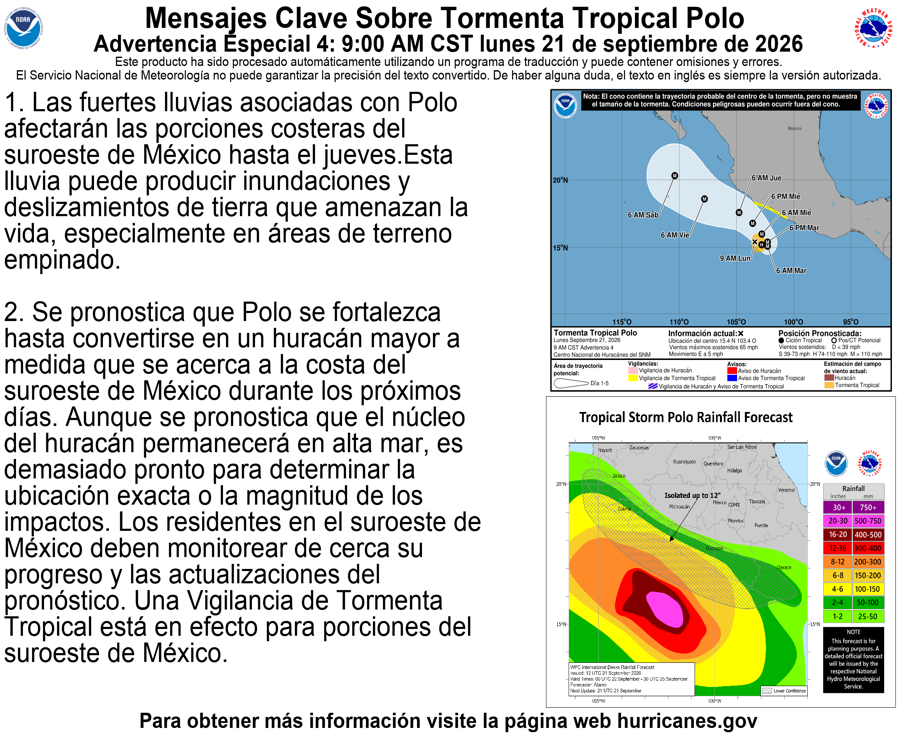 NHC_Pacific's tweet photo. 9 AM CST Mon Sep 21 (Advisory 4) Key Messages for Tropical Storm #Polo. Latest info: https://t.co/NyUGSIFCuo

9 AM CST lunes 21 de septiembre (Aviso 4) Mensajes clave sobre la tormenta tropical #Polo. Más información: https://t.co/NyUGSIFCuo https://t.co/R3EuPVWVoS
