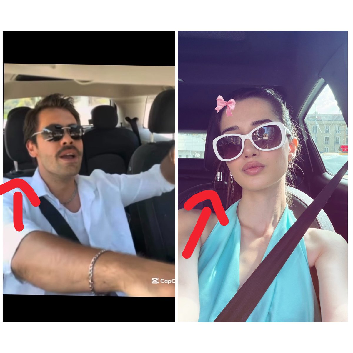 Emsundf's tweet photo. The seat arrangement is exactly the same. Ilsu is using a filter, that's why the inside of the car looks dark. Even though you try so hard to hide it, you keep exposing yourself, you've been caught.@ilsudemircii  @emingunenc_ https://t.co/5PWPPQhtE6