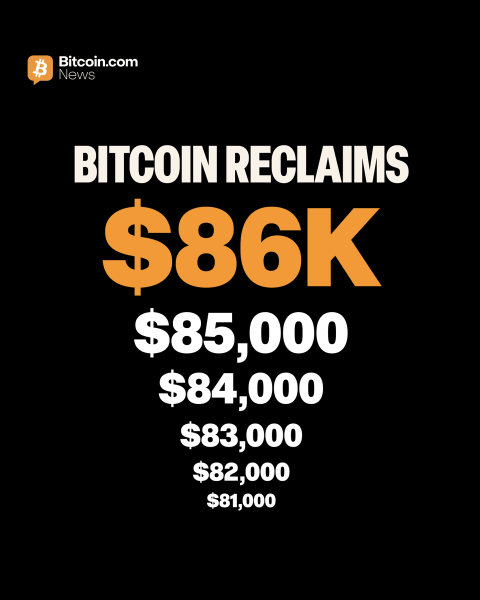 BitcoinNews's tweet photo. JUST IN: 🟠 #Bitcoin rips back over $86,000 https://t.co/hcoeTLthpf