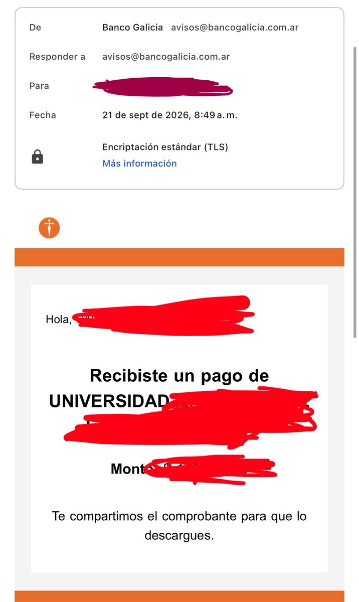 nosoyroma's tweet photo. Ojo gente y @BancoGalicia nuevo fraude detectado. Dicha universidad me avisa vía correo el monto a depositar en otro banco e inmediatamente me llega este correo (no tengo depósito alguno en mi cuenta de Galicia y el monto y universidad coinciden exacto) https://t.co/CVQd4D8Jc3