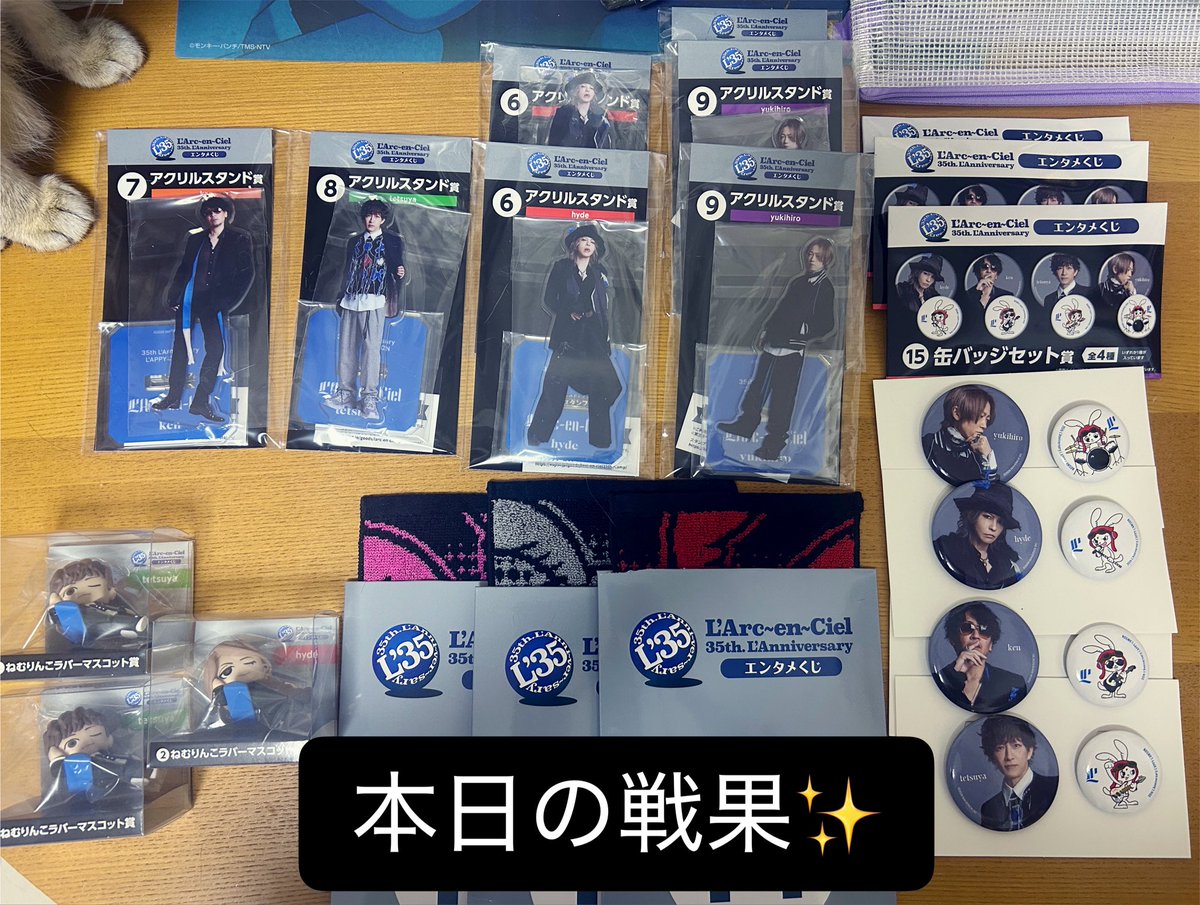 Rsk0000128's tweet photo. 近所のローソンに寄ってみたらもう景品並んでて、試しに聞いたらOKしてくださったので、まさかのフラゲ！✨️
回数制限もなかったけど、溜まってたQUOカードを使い切るまで引くと決めて、ちょうど20回。

目当てのリュックは……

出なかったけど、 缶バッジとアクスタは揃えられたので、まあまあかな😅

明朝お菓子も買いに行く予定だから、もし残ってたらもう少し引こう🤔